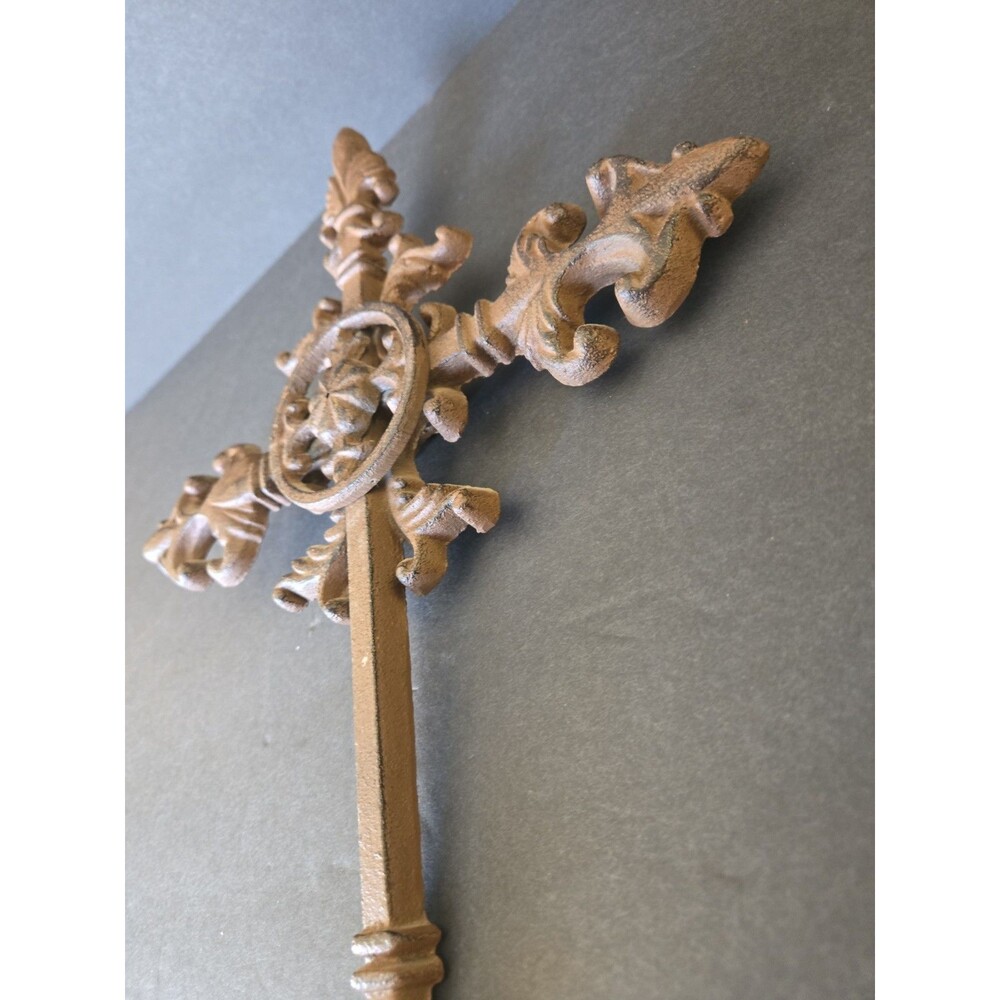 Ornate Cast Iron Fleur-de-Lis Wall Cross - 15" x 11" Rustic Decor Brown Heavy - Picture 5 of 8